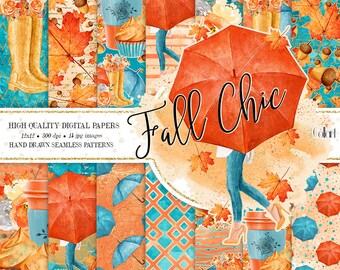 Fall Paper Pack, Autumn Digital Paper, Fall Seamless Patterns, Fall Digital Paper for planner stickers, scrapbooking, Watercolor Papers