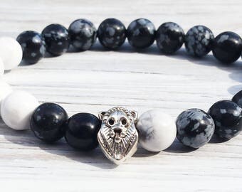 Men Lion Bracelet Howlite Snowflake Obsidian Gemstones Bracelet Wrist Mala Fathers Day Gifts Boyfriends Gifts For Him Stretch Bracelet m