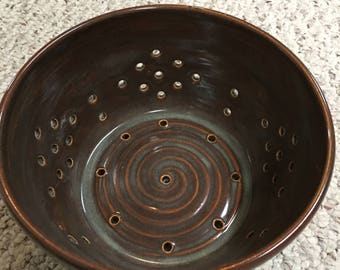 Berry Bowl/ Colander/ Brown/Hand Made Pottery/Signed and Stamped