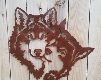 Two Wolves Bonding Metal Art. Wolves Embrace. Rust Colored Wolves Cuddling. Plasma Art Wolves, Steel Cut Wolf. Huskie Wall Hanging.