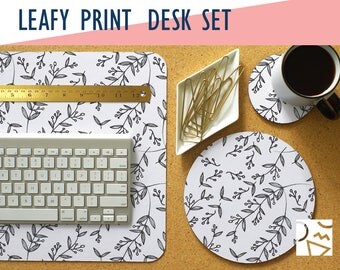 Leafy Print Desk Mat, Mouse Pad & Coaster Set -Desk Accessory Set