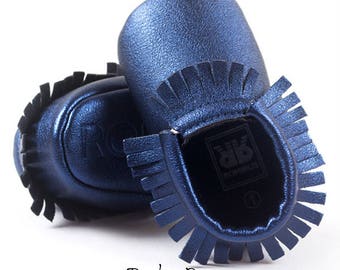 Metallic Navy Baby Moccasin Shoes