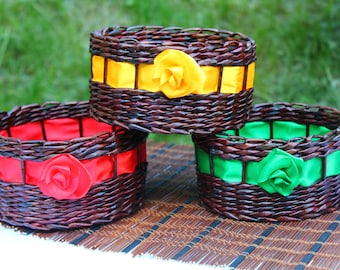 Three multi-colored baskets Storage basket Gift Boxes Farmhouse rustic Willow basket