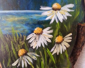 Landscape painting, original acrylic painting, daisy painting, sea painting, nature painting, wood painting, wooden art