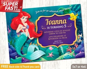 LITTLE MERMAID Invitation, Ariel Birthday Invitation, Little Mermaid Invite, Ariel Party Invitation, FREE Little Mermaid Thank You Card, v1g