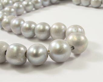 9-10mm Silver Gray Large Hole Semi-Round Freshwater Pearl Beads 2.2mm Hole, Gray Semi Round Pearl, Genuine Freshwater Pearls (50-LHRGY0910)