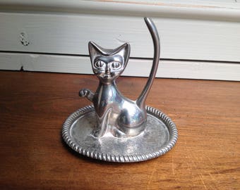 Vintage silver plated kitty cat ring and trinket dish 1980s