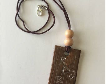 Initial necklace, boho necklace, polymer clay necklace, boho jewelry, initial jewelry, clay jewelry, brown jewelry, wooden jewelry,