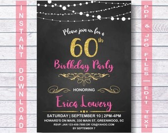 60th Birthday Invitation Gold pink, Instant Download, 60th Birthday, Gold 60th Birthday Invitation, her, for her, woman, Glitter