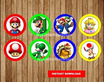 Mario Bros Cupcakes Toppers, Printable Mario Bros Toppers, Super Mario Bros party Toppers Instant download