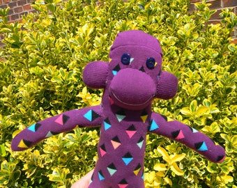 Purple Patterned Sock Monkey - Handmade Stuffed Animal