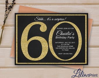 60th Birthday Invitation Gold Glitter Invitation Adult