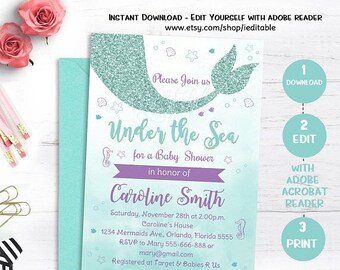 25% OFF SALE Mermaid Baby Shower Invitation, Mermaid Invitation, Under The Sea Party Invite, Teal Purple, Editable invitation, Template, Ins