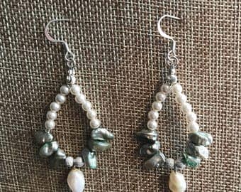 Green and White Pearl Dangle Earrings with silver accent beads