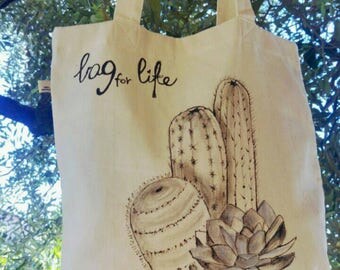 Bag for life-tote bag-hand painted-cactus-cotton bag-shoulder bag-eco-gift-fashion-sustainable design-recycling