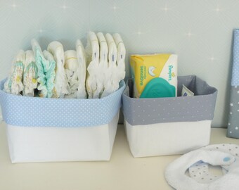 White, blue, gray storage basket