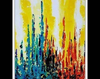 Modern abstract art painting 24x 20 yellow orange blue / Art moderne peinture abstraite jaune orange bleu