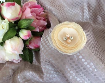 Flower 6.5 cm in beige/ivory chiffon with pearls and rhinestones