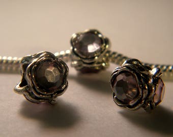 bead charms European - 3 - pale pink Crystal rhinestones - silver - 10 x 8 mm C35-4
