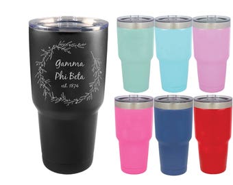 Gamma Phi Beta Sorority Tumbler | Floral Wreath | GPB ΓΦΒ | Engraved Greek Life Gifts | Etched Sororities Favors |