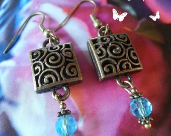 Earrings, blue and bronze