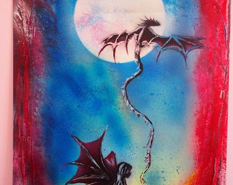 SPRAY paint: the Elf and the dragon on poster. . Spray paint art. Spray painting.