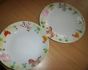 Flat plates and soup porcelain painted ponies, cow, sheep, pig, chicken pattern