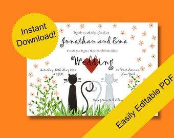 Watercolor Wedding Invitation with Cats on the Grass, Alternative Invite, Less Formal, Editable PDF, Instant Download