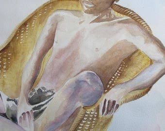 Watercolor of a young African sitting in Chair