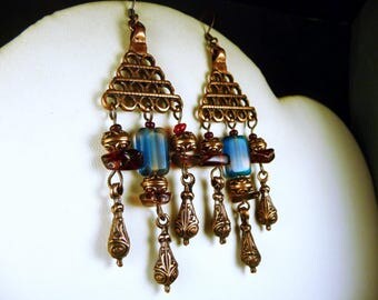 Earrings in copper and blue and Burgundy glass beads