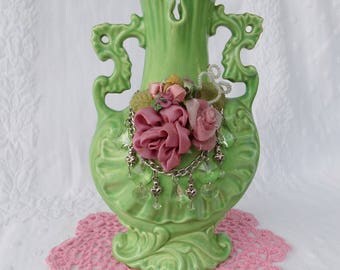VINTAGE CERAMIC VASE Victorian Design Green w/ Two Handles Ornate Embellished with silk flowers & jewelry Girly Feminine Flower Vase Holder