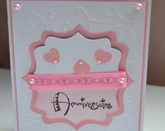 Birthday card, white and pink pearls and Ribbon