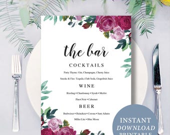 Floral Wedding Bar Menu Template Printable Wedding Menu Modern Drink Calligraphy Menu Instant Download Menu Card Template Editable PDF