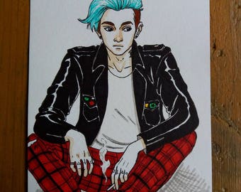 Drawing Original - young man Punk A6 Format