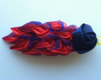 Stunning Red and Blue Satin and Organza Flower and Leaves 11.5 cm Hair Clip