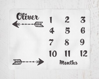 Milestone Monthly Baby Blanket Personalised, Boys or Unisex Arrow Print