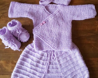 Whole jacket, harem pants, booties and hat size newborn to 1 month