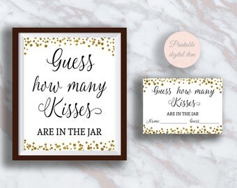 Guess How Many Kisses, Funny Bridal shower games, Kisses Guessing Game, Gold confetti Bachelorette, Wedding activities, Shower activity s3br
