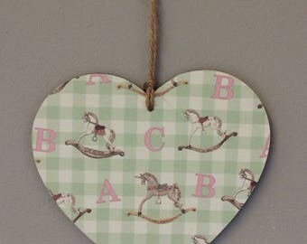 Handmade wooden hanging heart decoupaged rocking horses new baby, baby shower gift
