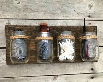 Rustic wood mason jar bathroom organizer | gifts for her | bathroom storage | farmhouse style | home decor | rustic bathroom | rustic style