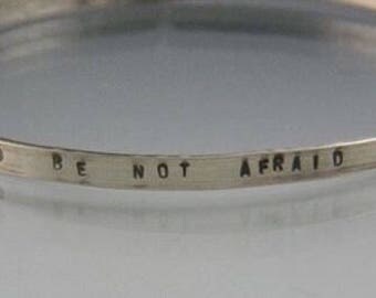 words bangle, "be not afraid" hammered rectangular sterling wire bangle