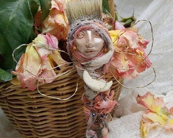 Little kitchen witch, dragonfly art, ooak art doll, kitchen witch doll, dragonfly fetish figurine, awesomeart, moon goddess figure