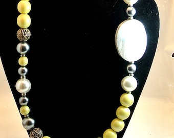 Yellow and White Bead Necklace Vintage Bead Necklace 31 Inch Long Necklace Yellow White and Silver Beads Costume Jewelry