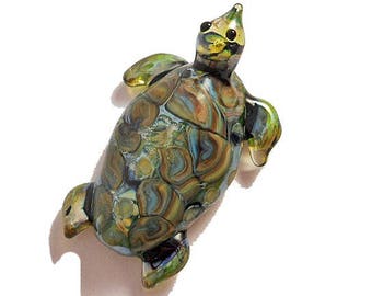 Green & brown Sea Turtle necklace, Organic Lampwork Glass Bead pendant, ready to wear glass jewelry, Isinglass Design, glassbead, SRAJD