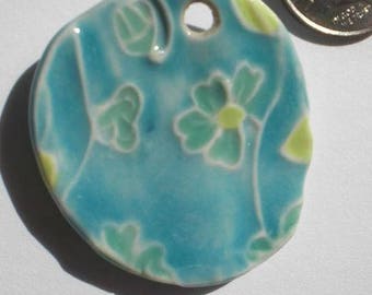 Porcelain Turquoise and Jade Flower Pendant