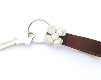 Brown Leather Key Fob for Women, Flowered Key Ring, Hair on Leather, Leather Flower Keychain, Cowgirl Keychain, Handmade in Texas