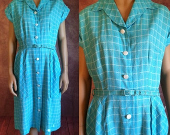 Vintage 1950s Dress | 50s Aqua Blue Cotton Day Dress