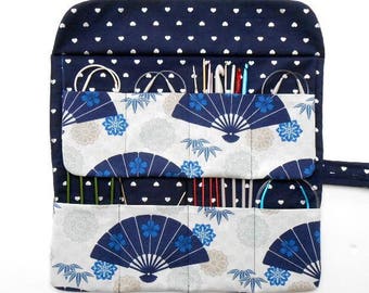 Japanese Fans Circular Knitting Needle Case, Blue Silver Crochet Hook Roll, 8 Pockets for Holding Needles and Knitting Supplies, DPN Storage