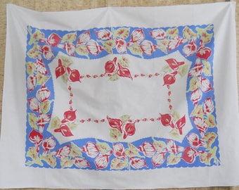Vintage Floral Tablecloth • Century Tablecloth • Colorful Blue Red Chartreuse