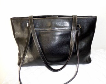 Nordstrom Italian luxury leather tote, satchel, shoulder bag, multi compartment, thick weathered black leather, vintage pristine